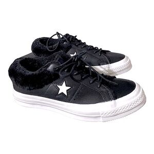 Converse One Star Platform Shearling Collar Black Leather Women’s 6 1/2 Go…